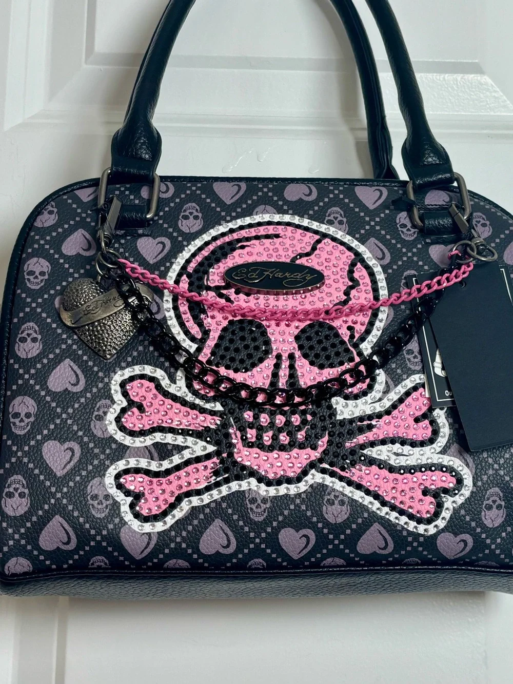 Ed Hardy Black Pink Rhinestone Skull Heart Bowler-Style Satchel Handbag
